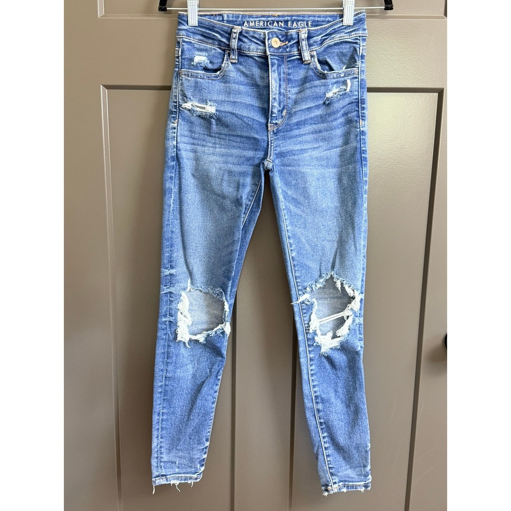 American Eagle Womens Distressed Skinny Jeans Blue High Rise Size 2 Short 27